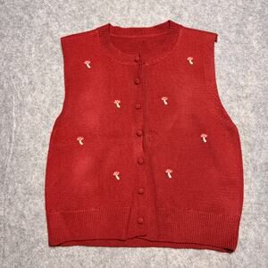 Red Mushroom Embroidered Knit Sweater Vest Cottagecore Boho Size M